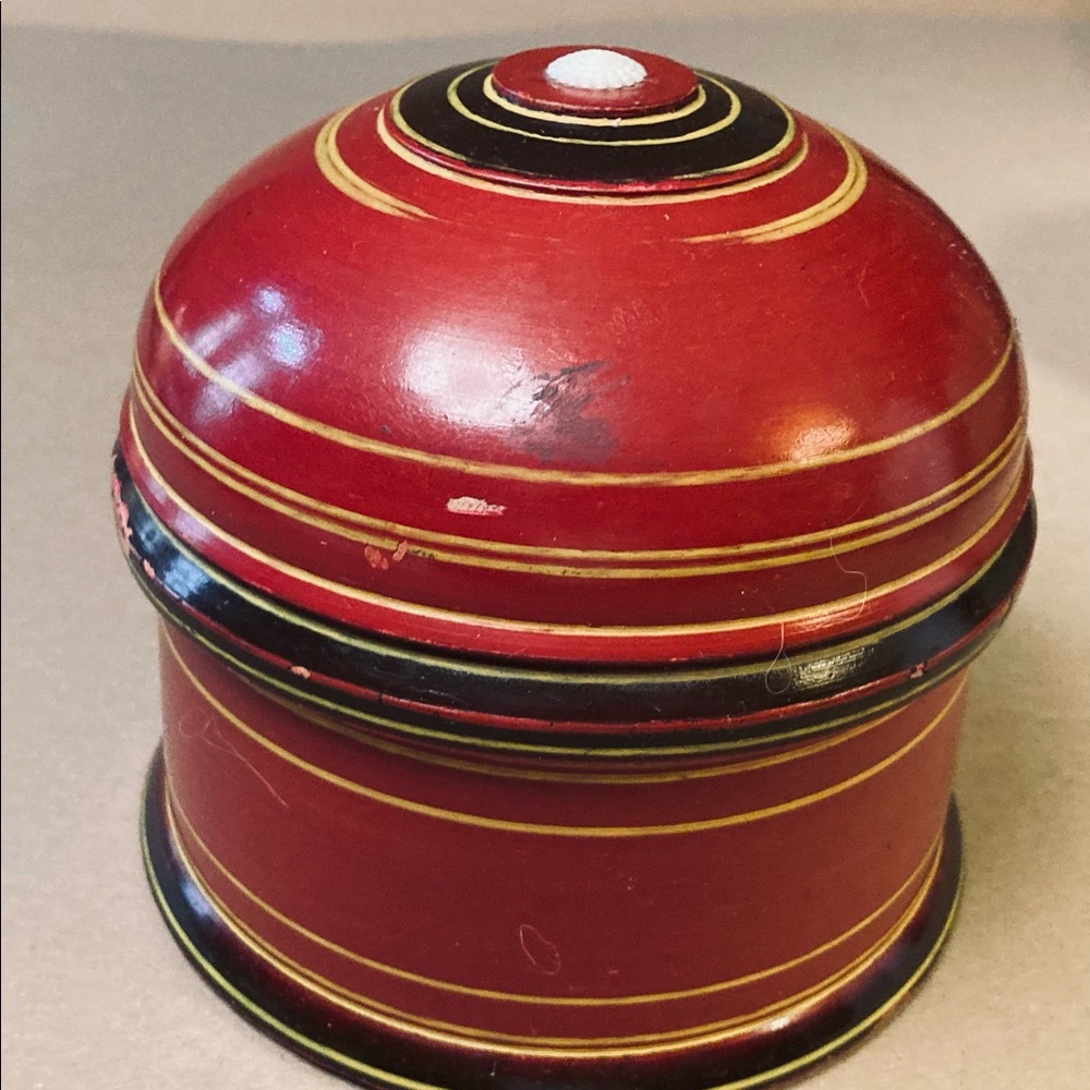 Antique Indian round domed wood box with lid, stripe pattern on exterior